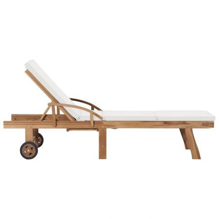 Sun Lounger with Cushion Solid Teak Wood Cream