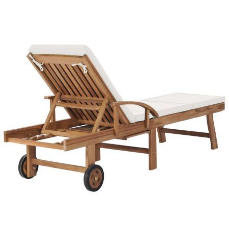 Sun Lounger with Cushion Solid Teak Wood Cream