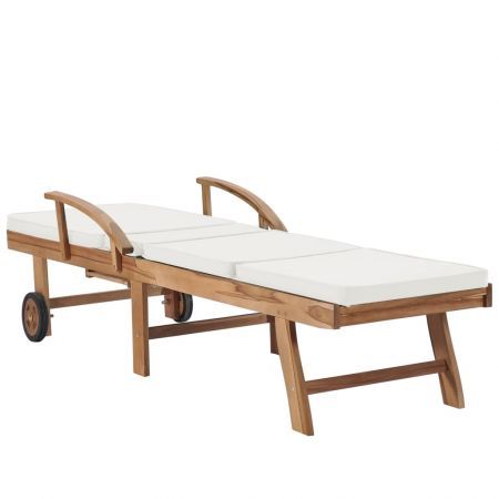 Sun Lounger with Cushion Solid Teak Wood Cream