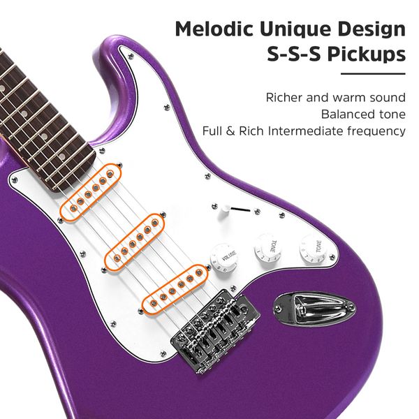 Melodic Stratocaster SSS Electric Guitar with 15W Amplifier Metallic Purple