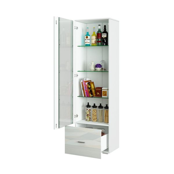 190cm Wood Tall Side Cabinet with Thick Glass Shelves 1 Drawer High Gloss Front White