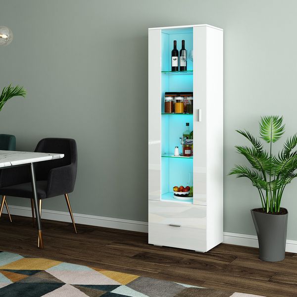 190cm Wood Tall Side Cabinet with Thick Glass Shelves 1 Drawer High Gloss Front White