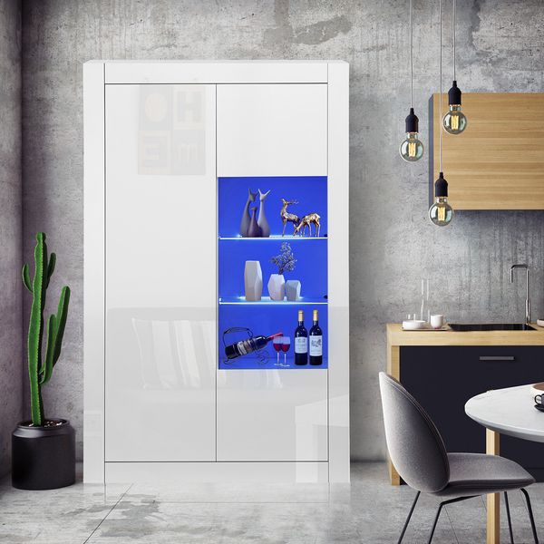 High Gloss 3 Door Cabinet Sideboard Storage Unit with 3 Open Shelves LED Light White