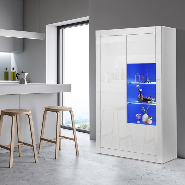High Gloss 3 Door Cabinet Sideboard Storage Unit with 3 Open Shelves LED Light White