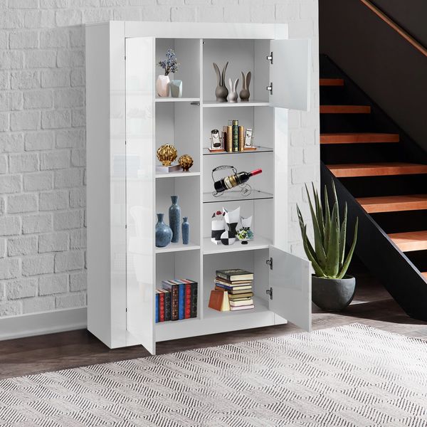 High Gloss 3 Door Cabinet Sideboard Storage Unit with 3 Open Shelves LED Light White