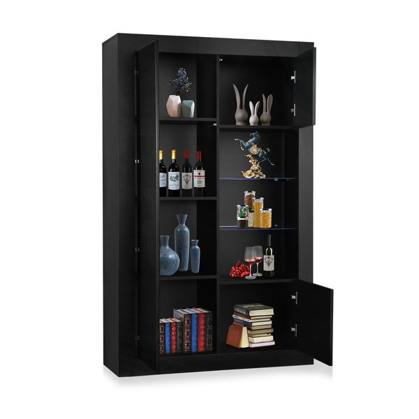 High Gloss 160cm Tall Black Side Cabinet LED Display Shelf with Push-to-Open Doors