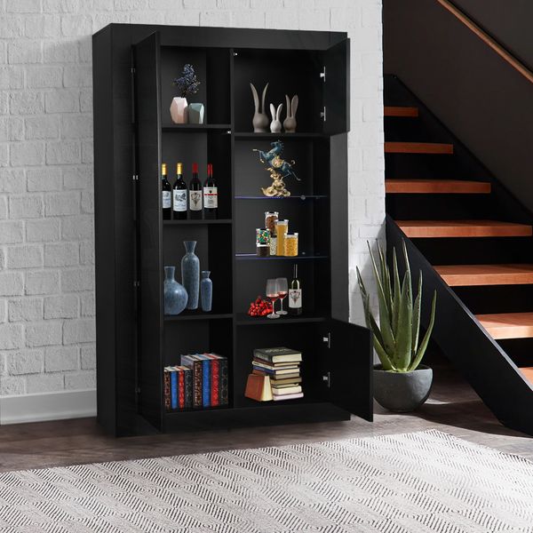 High Gloss 160cm Tall Black Side Cabinet LED Display Shelf with Push-to-Open Doors