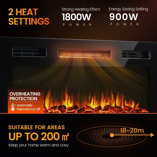 Maxkon 40 Inch Wall Recessed Mounted Electric Fireplace Heater 900/1800W w/5 Flame Settings