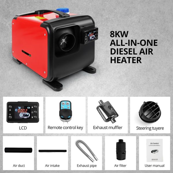 Diesel Air Heater All-in-One 12V 8KW Parking Car Truck Caravan LCD Remote Black and Red