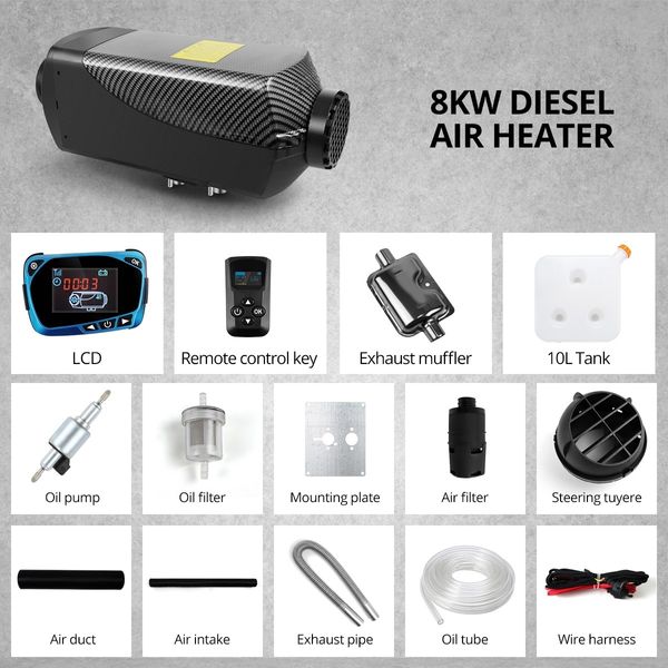 12V Diesel Air Heater 8KW Portable Parking Heater Remote Control LCD Panel Black and Grey