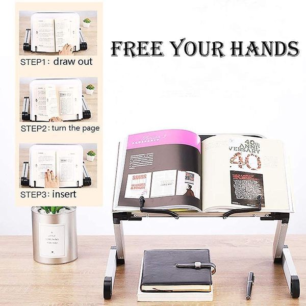 Adjustable Book Stand, Height and Angle Adjustable Ergonomic Book Holder with Page Paper Clips Durable Lightweight Aluminum Book Holder