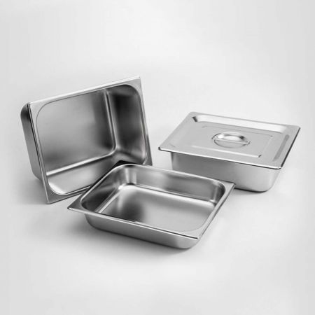 2X Gastronorm GN Pan Full Size 1/2 GN Pan 6.5cm Deep Stainless Steel Tray With Lid