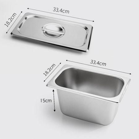 2X Gastronorm GN Pan Full Size 1/3 GN Pan 15cm Deep Stainless Steel Tray With Lid