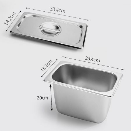 2X Gastronorm GN Pan Full Size 1/3 GN Pan 20cm Deep Stainless Steel Tray With Lid