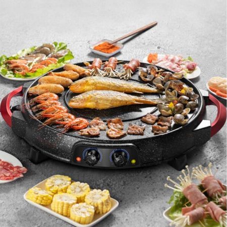 2 in 1 Electric Stone Coated Teppanyaki Grill Plate Steamboat Hotpot