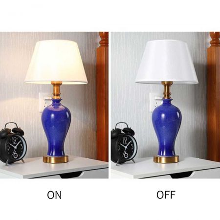 Blue Ceramic Oval Table Lamp with Gold Metal Base