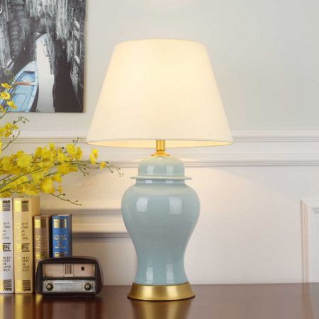 Oval Ceramic Table Lamp with Gold Metal Base Desk Lamp Blue