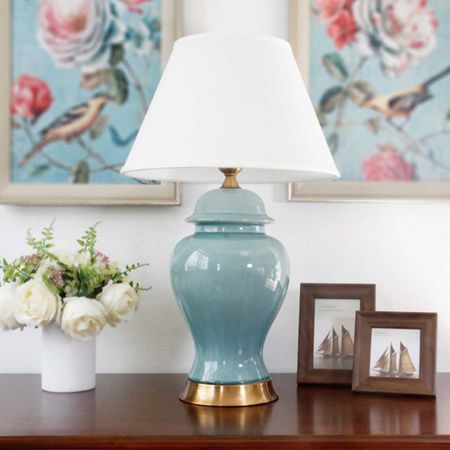 Oval Ceramic Table Lamp with Gold Metal Base Desk Lamp Blue