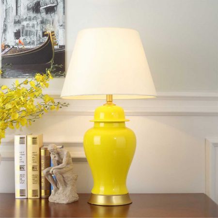 Oval Ceramic Table Lamp with Gold Metal Base Desk Lamp Yellow