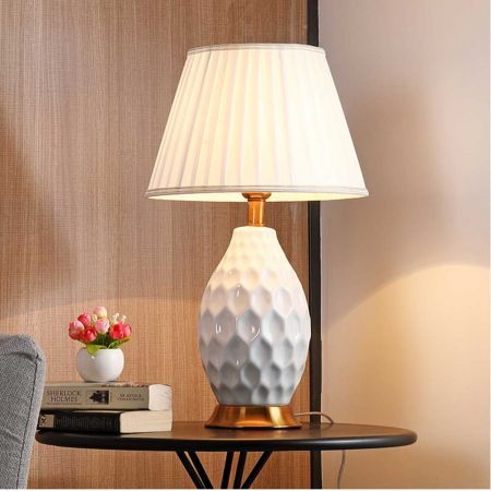 Textured Ceramic Oval Table Lamp with Gold Metal Base White