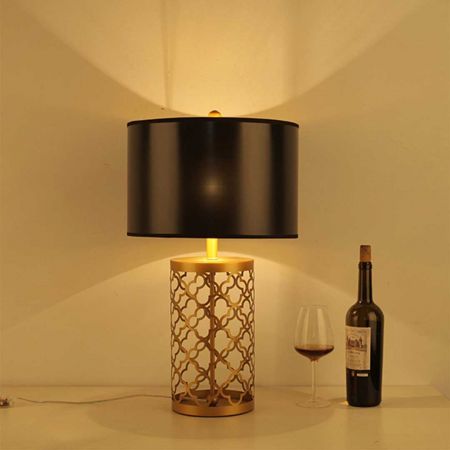 Golden Hollowed Out Base Table Lamp with Dark Shade