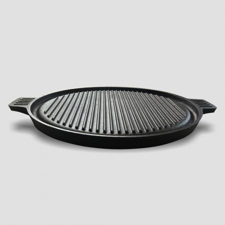 43cm Round Ribbed Cast Iron Frying Pan Skillet Steak Sizzle Platter with Handle