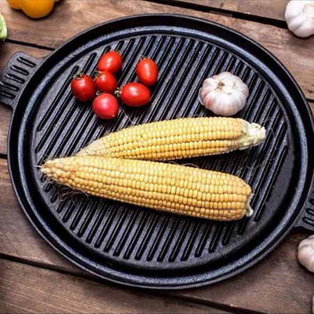 43cm Round Ribbed Cast Iron Frying Pan Skillet Steak Sizzle Platter with Handle