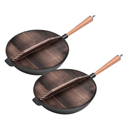 2X 31cm Commercial Cast Iron Wok FryPan Fry Pan with Wooden Lid