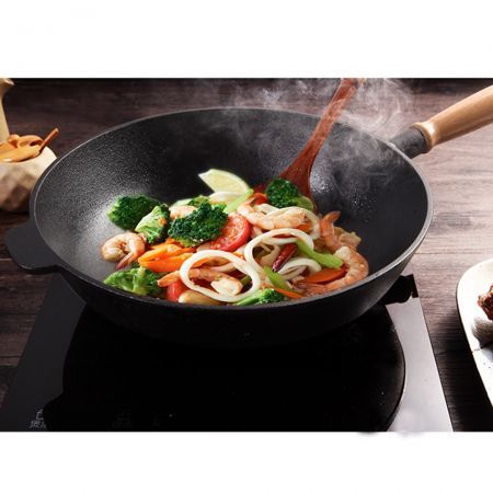 2X 31cm Commercial Cast Iron Wok FryPan Fry Pan with Wooden Lid