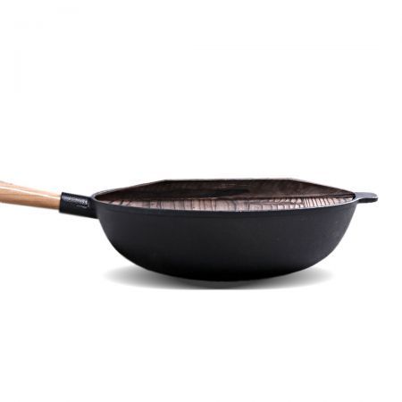 2X 31cm Commercial Cast Iron Wok FryPan Fry Pan with Wooden Lid