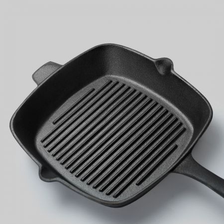 26cm Square Ribbed Cast Iron Frying Pan Skillet Steak Sizzle Platter with Handle