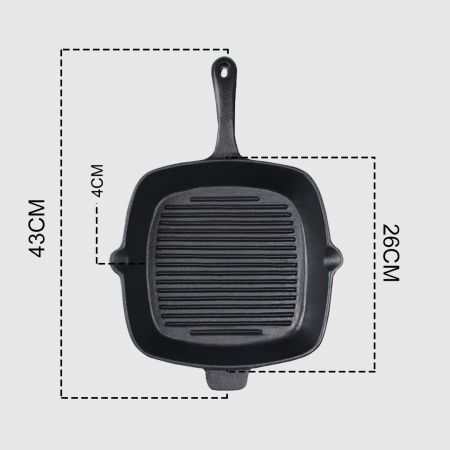 26cm Square Ribbed Cast Iron Frying Pan Skillet Steak Sizzle Platter with Handle