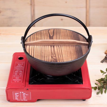 2X 29cm Cast Iron Japanese Style Sukiyaki Tetsu Nabe Shabu Hot Pot with Wooden Lid