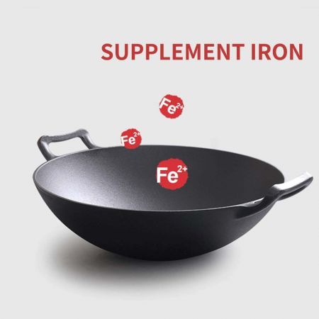 36CM Commercial Cast Iron Wok FryPan with Wooden Lid Fry Pan