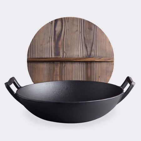 2X 36CM Commercial Cast Iron Wok FryPan with Wooden Lid Fry Pan