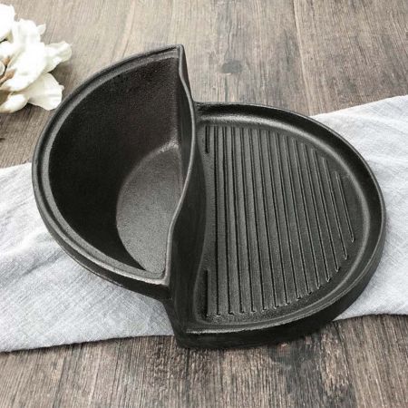 2X 2 in 1 Cast Iron Ribbed Fry Pan Skillet Griddle BBQ and Steamboat Hot Pot