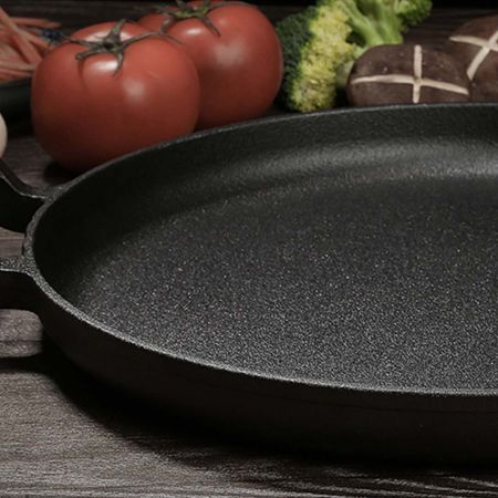 35cm Cast Iron Frying Pan Skillet Steak Sizzle Fry Platter With Wooden Handle No Lid