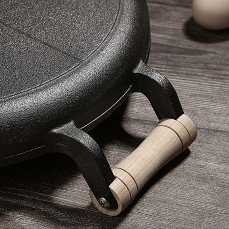 35cm Cast Iron Frying Pan Skillet Steak Sizzle Fry Platter With Wooden Handle No Lid