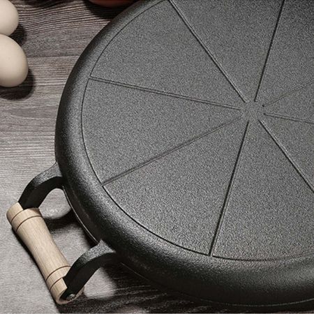 35cm Cast Iron Frying Pan Skillet Steak Sizzle Fry Platter With Wooden Handle No Lid