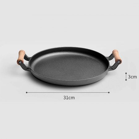 2X 31cm Cast Iron Frying Pan Skillet Steak Sizzle Fry Platter With Wooden Handle No Lid