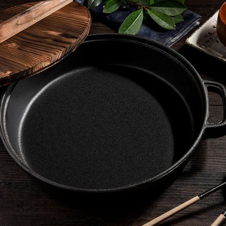 29cm Round Cast Iron Pre-seasoned Deep Baking Pizza Frying Pan Skillet with Wooden Lid