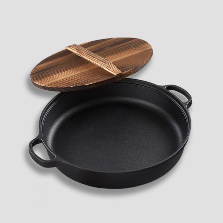 2X 33cm Round Cast Iron Pre-seasoned Deep Baking Pizza Frying Pan Skillet with Wooden Lid