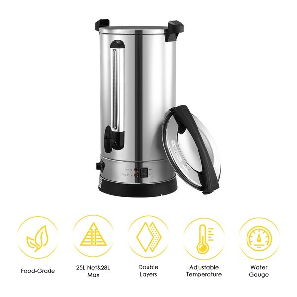 Maxkon 28L Stainless Steel Hot Water Urn 2500W Electric Hot Beverage Dispenser with Boil Dry Protection