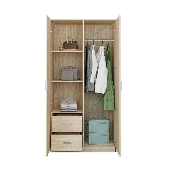 Mirrored 2 Door Oak Wardrobe Dresser with 2 Drawers 3 Storage Shelves Cabinet Closet