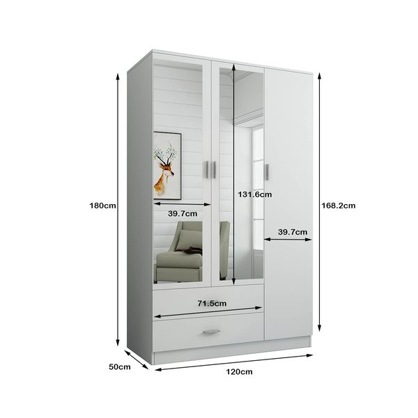 3 Door 2 Drawer Mirrored Wardrobe Cabinet 4 Storage Shelves Armoire White