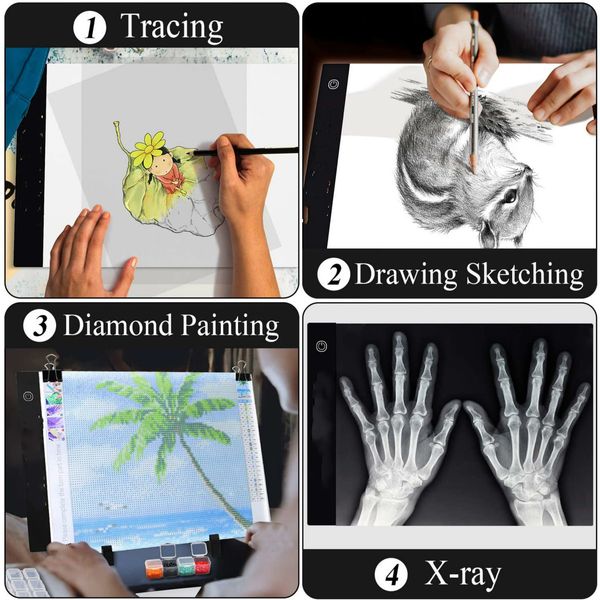 A4 LED Light Pad for Diamond Painting, USB Powered Light Board Kit, Adjustable Brightness with Detachable Stand and Clips