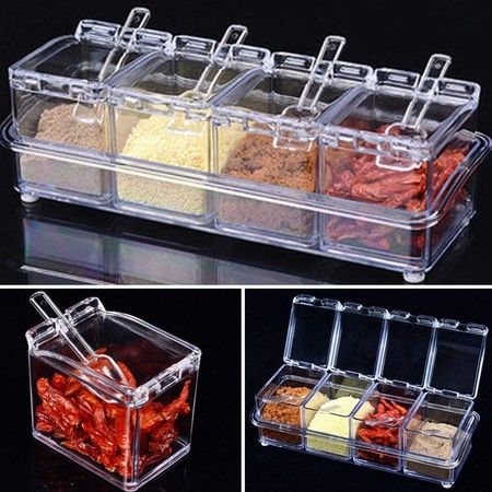 Clear Seasoning Rack Spice Pots by - 4 Piece Acrylic Seasoning Box - Storage Container Condiment Jars