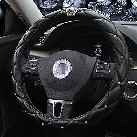 Car Steering Wheel Cover with Honorable Crown Luxurious Bling Diamond Leather-Universal fit 15"/38cm