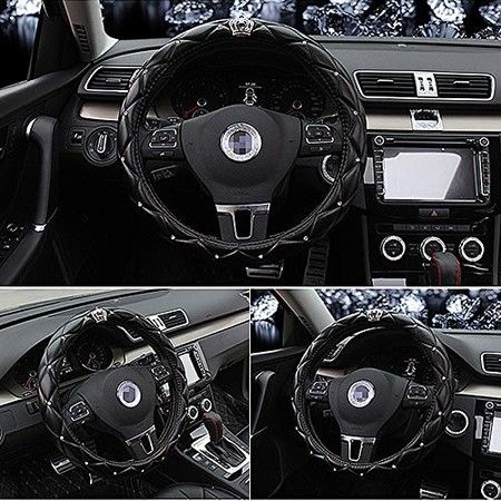 Car Steering Wheel Cover with Honorable Crown Luxurious Bling Diamond Leather-Universal fit 15"/38cm