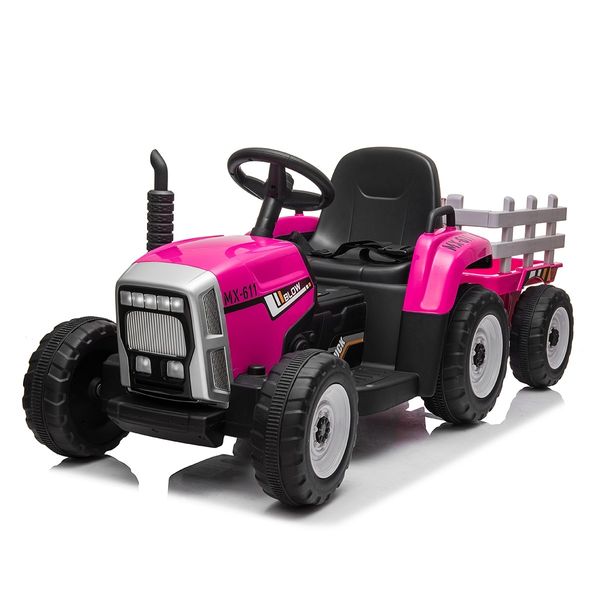 Kids Farm Tractor Electric Ride On Toys 2.4G R/C Remote Control Cars w/ Trailer Neon Pink